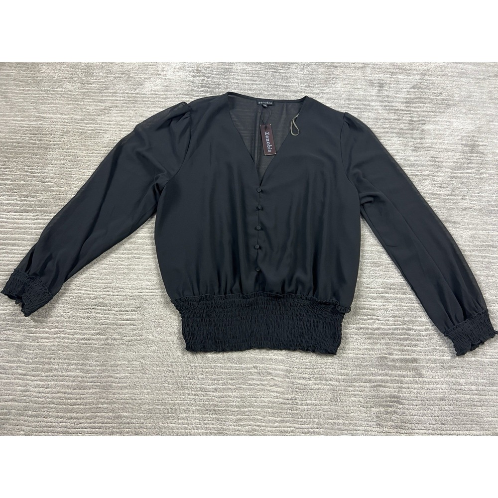 Zenobia Top Womens 3XL Black Sheer Smocked Waist Polyester VNeck NWT Casual‎